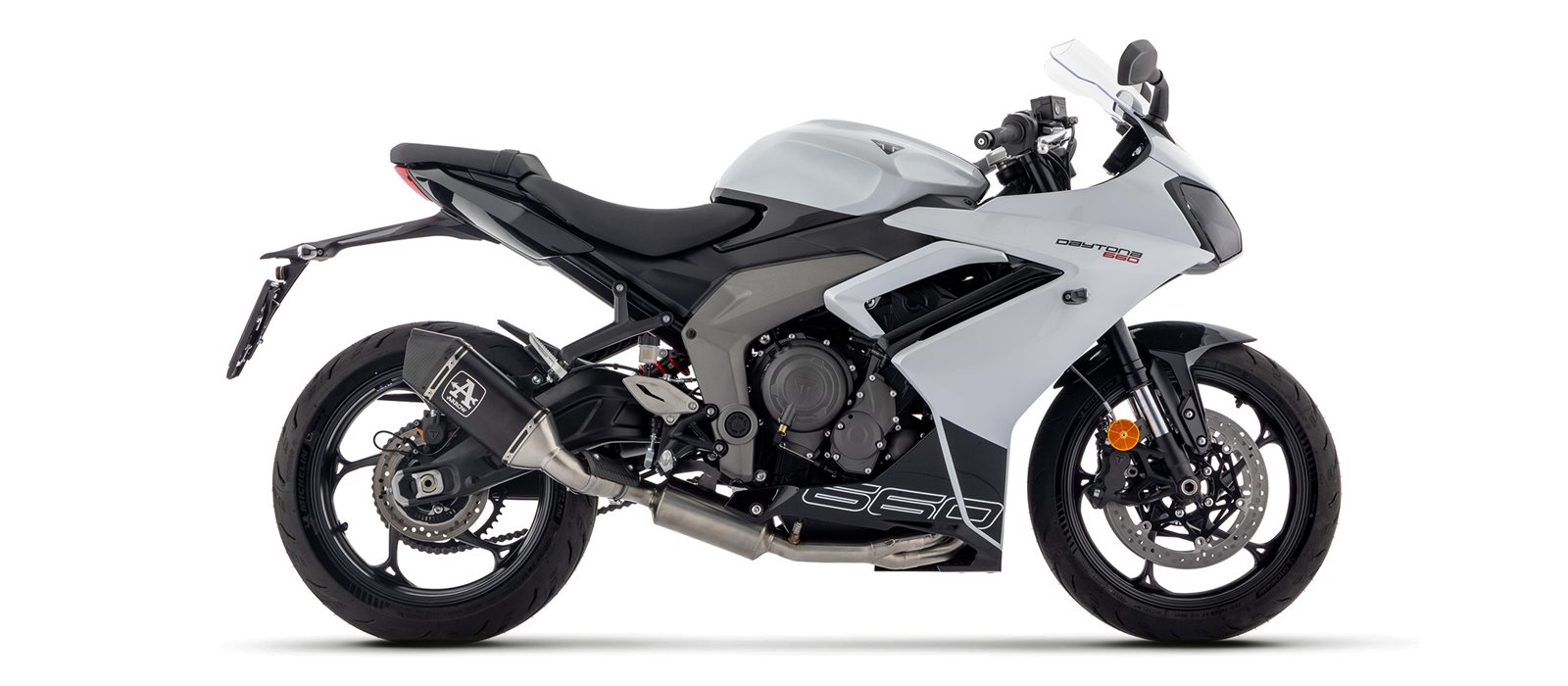 Sistema de escape completo ARROW Racing con silenciador VELOCE negro con tapa de carbono para Triumph Daytona 660, 2024-