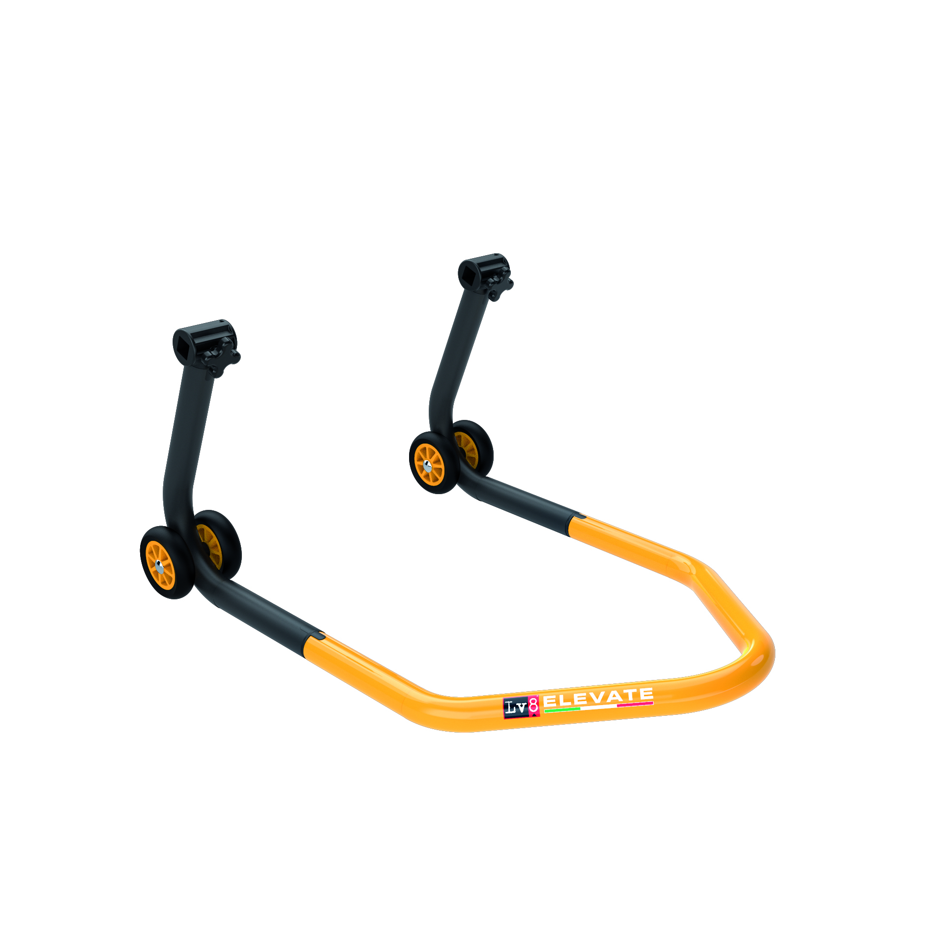 LV8 ELEVATE Caballete de montaje universal para rueda delantera con adaptadores cónicos, Negro/Amarillo