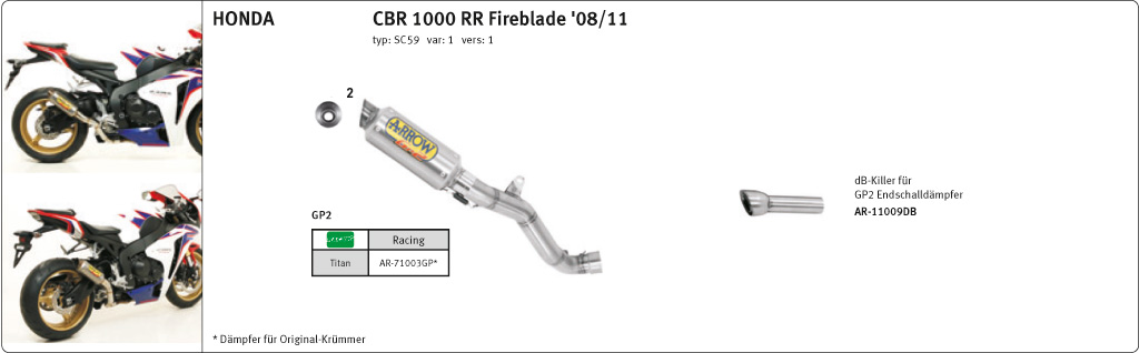 Escape de competición ARROW GP2 para Honda CBR1000RR 2008-13 de titanio