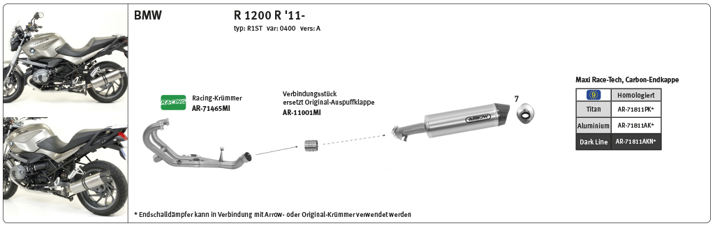 ARROW Pieza de conexión para BMW R1200GS año de modelo 2010-, R1200R año de modelo 2011-