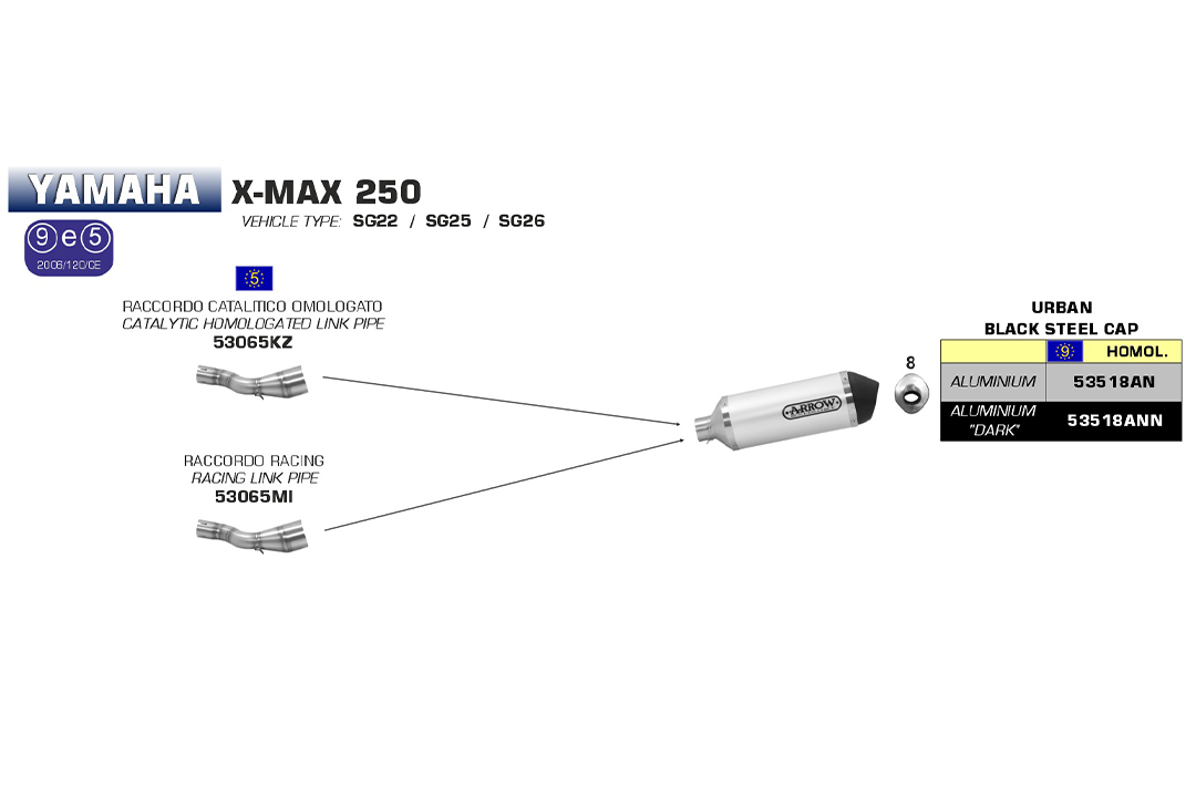 Colector de competición ARROW para Yamaha X-Max250 2009-13, sin catalizador