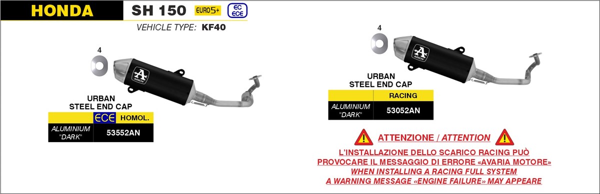 ARROW Escape DARK URBAN para Honda SH150 2025-, Aluminio negro con tapa final de acero inoxidable