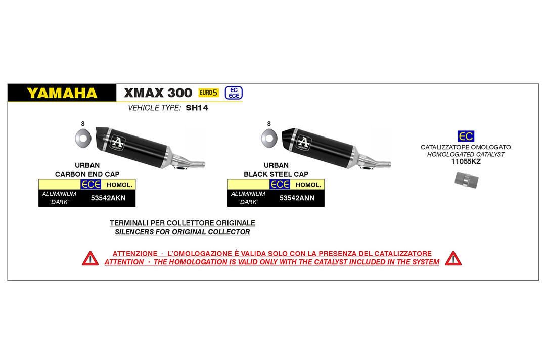Escape ARROW DARK URBAN para Yamaha X-Max 300 y Tricity 300 desde el año de modelo 2021-, con tapa de extremo de acero inoxidable