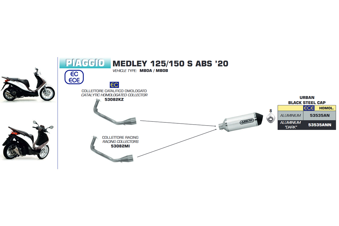 Colector de Competición ARROW para Piaggio Medley 125 2020- / Medley 150 2020- , sin catalizador