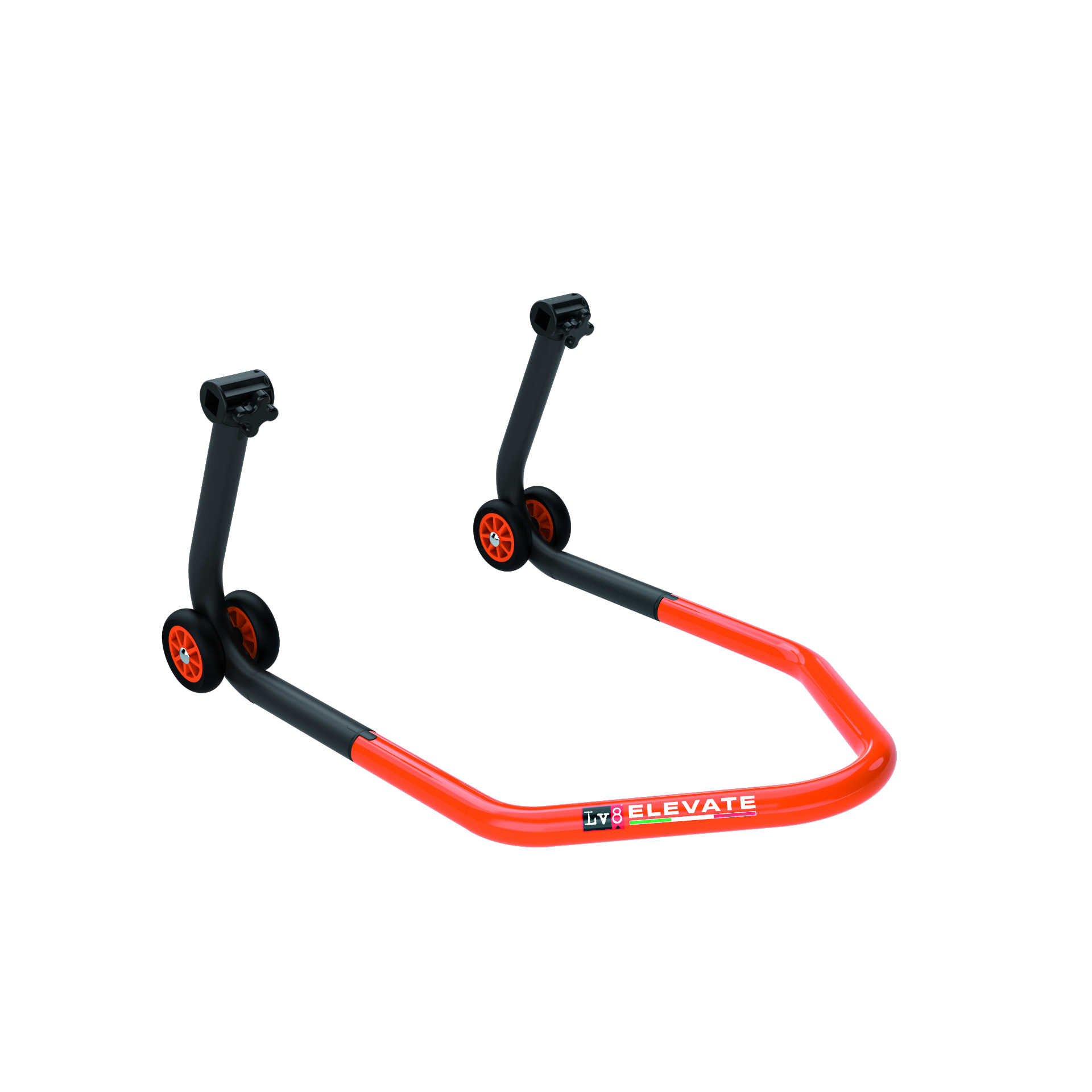 LV8 ELEVATE Caballete de Montaje Universal para la rueda delantera con Adaptadores Cónicos, Negro/Naranja