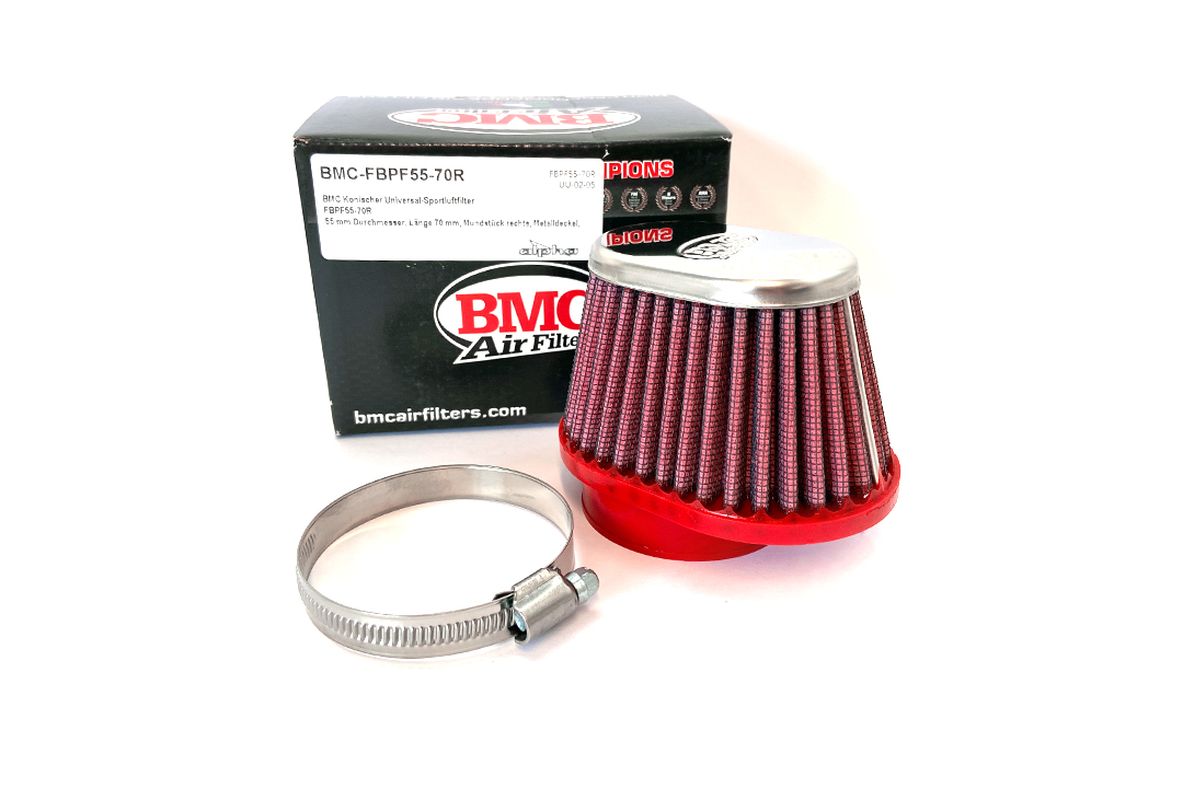 Filtro de aire deportivo universal cónico BMC, 55 mm de diámetro, 70 mm de longitud, lado derecho, Tapa cromada