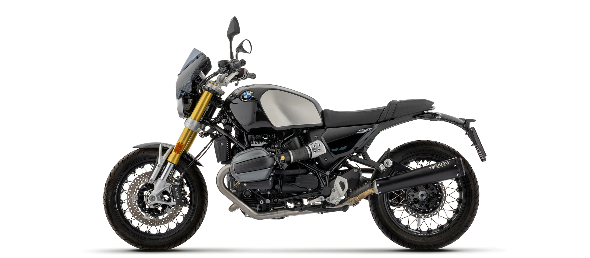 Escape ARROW REBEL DARK Slip-On con tapa final de aluminio negra para BMW R12 nineT, 2024-