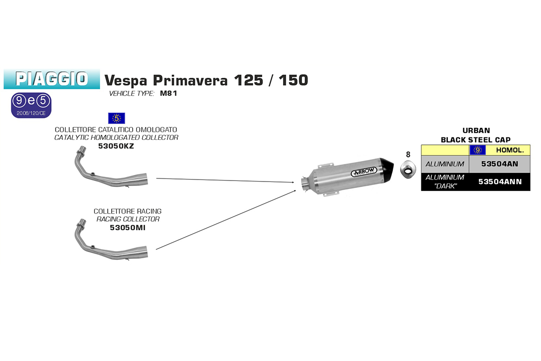 ARROW Escape DARK URBAN para Piaggio Vespa Primavera 125/150 2014-2016, aluminio negro (Solo con colector ARROW)