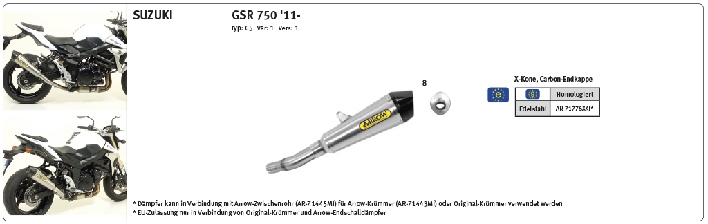 Escape ARROW X-KONE para Suzuki GSR750 / GSX-S750 2011-, Acero inoxidable