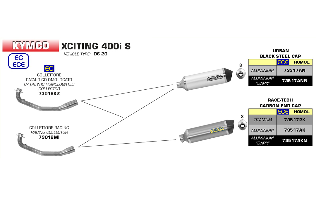Colector ARROW para Kymco XCiting 400i S 2018-19, sin catalizador