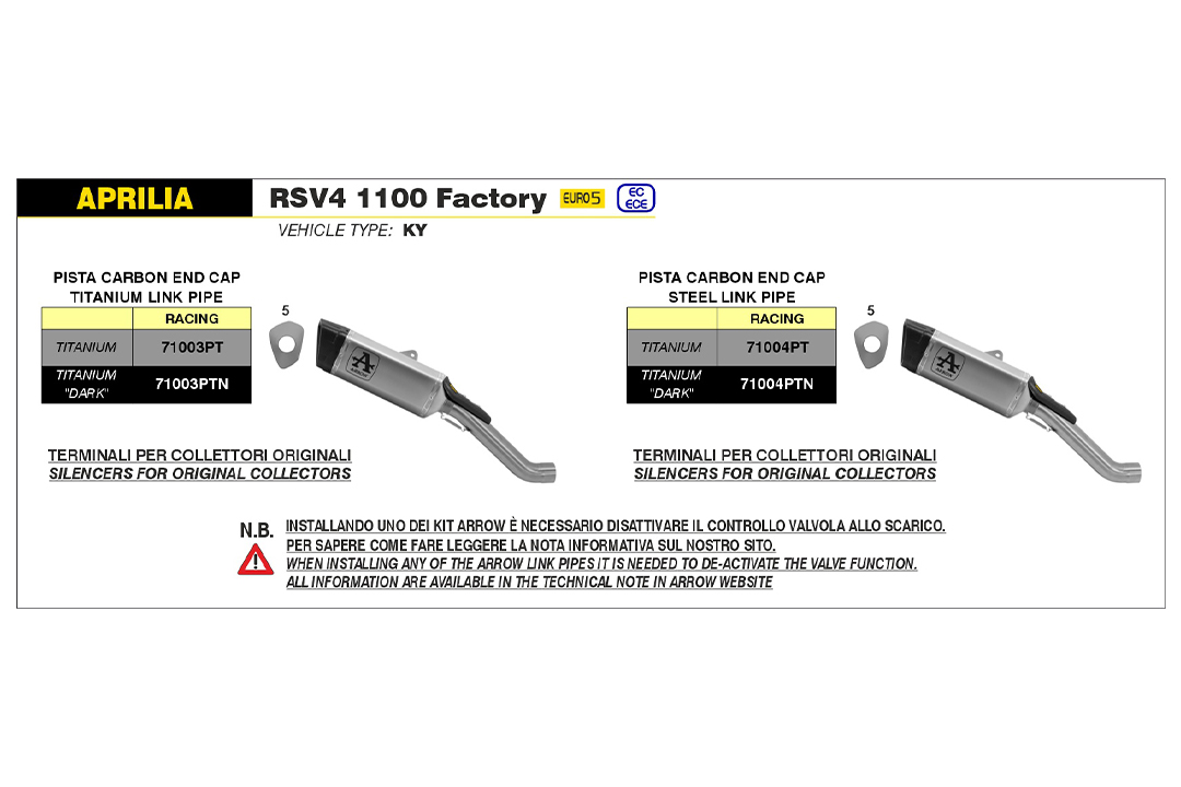 Escape de Competición ARROW PISTA con Tubo Intermedio de Titanio para Aprilia RSV4 1100 Factory 2021- , Tuono V4 2025-