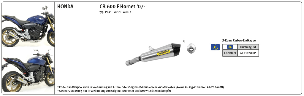 ARROW Escape X-KONE para Honda CB600F Hornet / CBR600F 2007-2013, Acero inoxidable