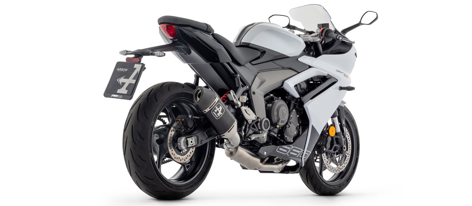 Sistema de escape completo ARROW Racing con silenciador VELOCE negro con tapa de carbono para Triumph Daytona 660, 2024-