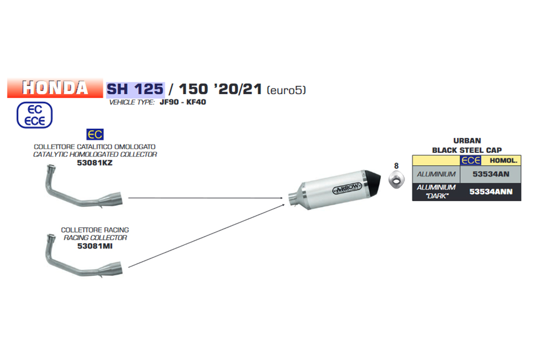Colector de Competición ARROW para Honda SH125i 2020-2023 / SH150i 2020-2023, sin catalizador