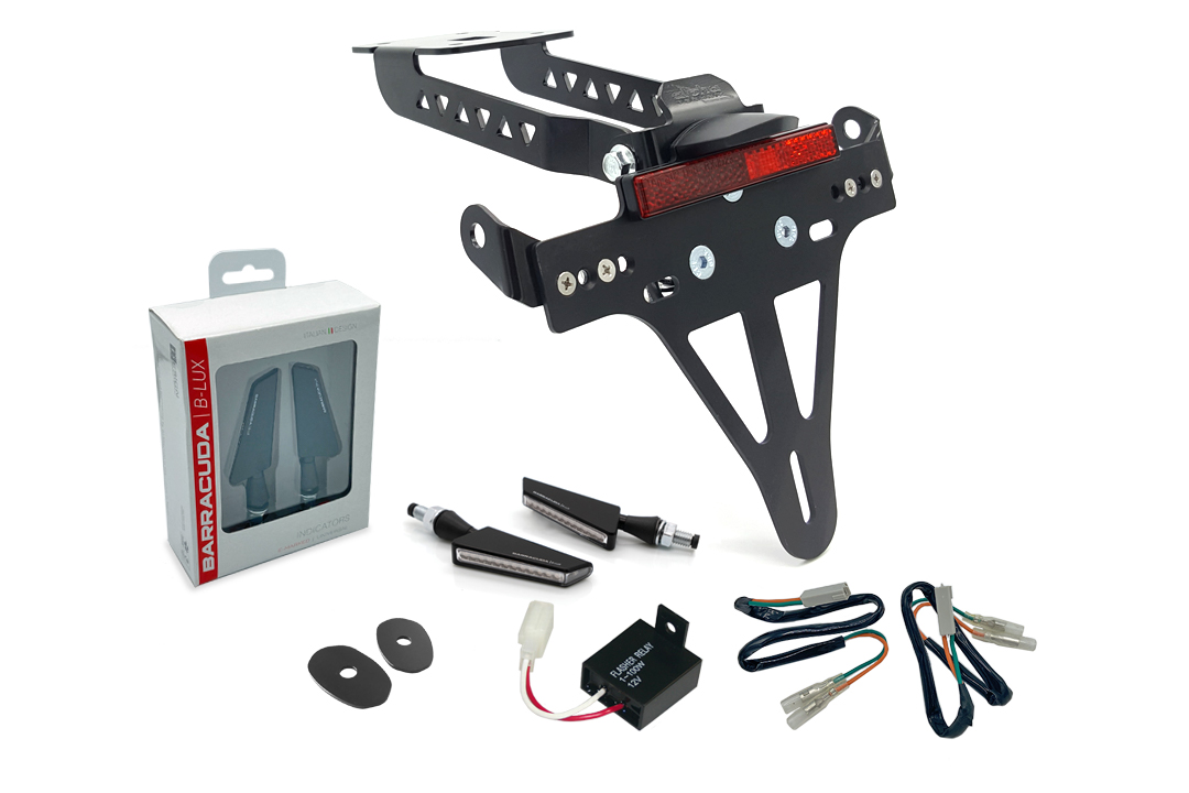 Kit de soporte de matrícula e luz de intermitente alpha Technik SQ-LED (anterior, delanteroe + trasero) para Kawasaki Z650 y Ninja 650 Tipo: ER650H / EX650K (Año del modelo 2017-2019)
