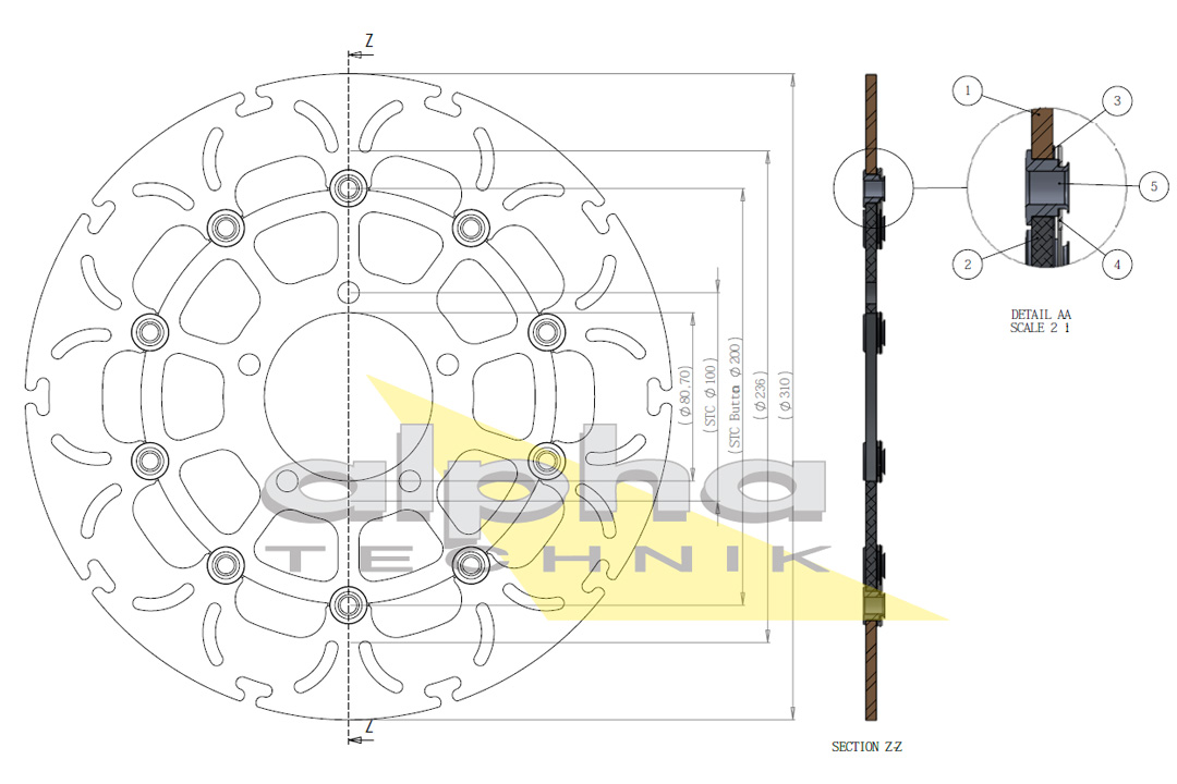alpha Technik disco de freno Omega-Design ABD33, anterior, delanteroe para Kawasaki ZX10R, ZX6R, Versys 1000, GTR1400, ZZR1400, Z800, Z1000