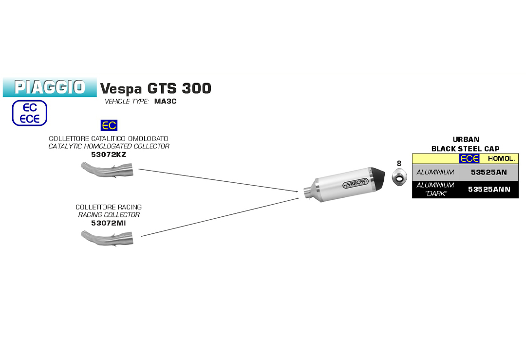Tubo intermedio de competición ARROW para Piaggio Vespa GTS300 2017-, sin catalizador