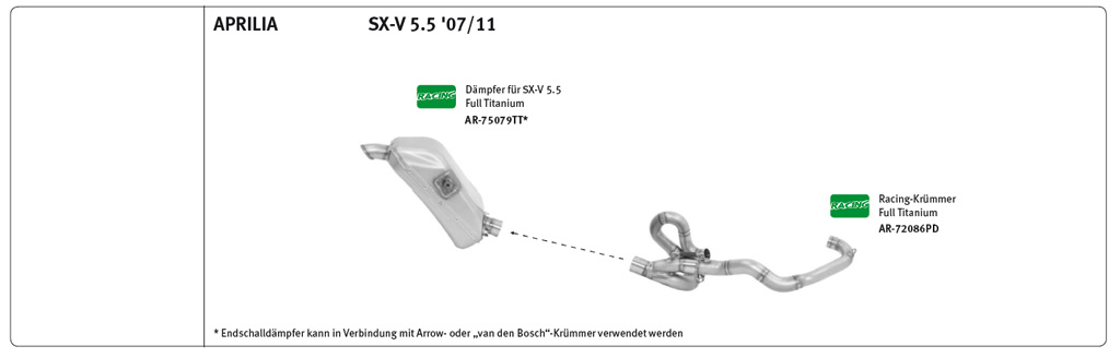 Colector ARROW, Titanio para Aprilia SXV450/550 Tipo VS, Año del modelo 2007-2014