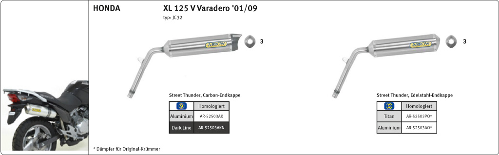 ARROW Escape THUNDER para Honda XL125V Varadero 2001-2012, Aluminio
