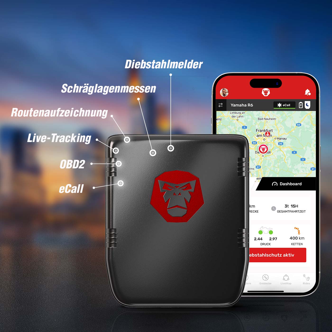 RideLink WingMan Pro 4G – Seguridad inteligente con seguimiento en vivo, eCall, protección antirrobo y análisis de conducción para tu motocicleta