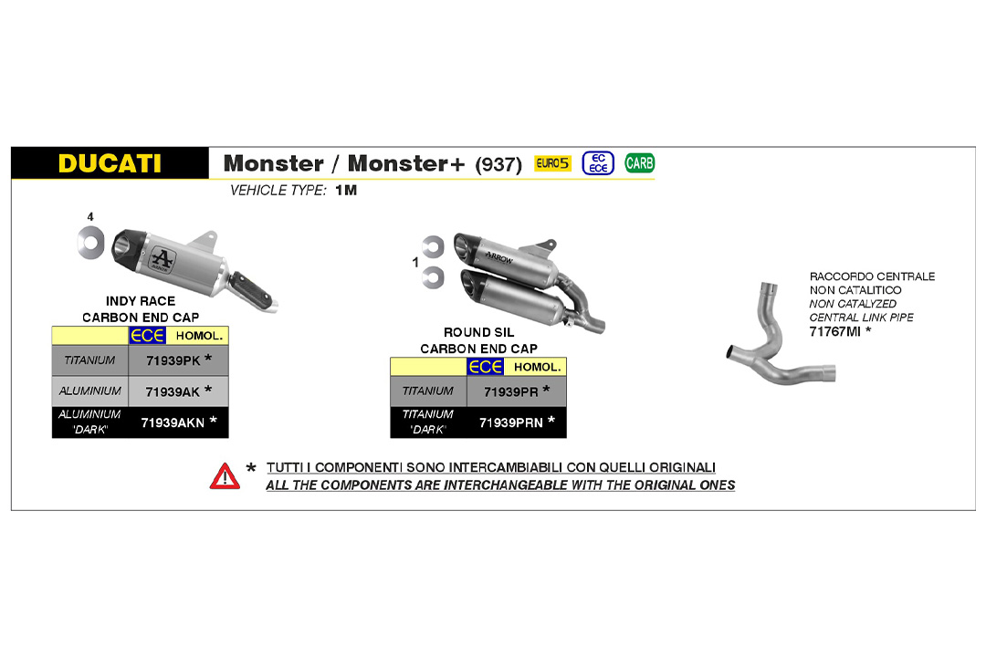 Tubo intermedio de carreras ARROW de acero inoxidable para Ducati Monster / Monster+ a partir del año de modelo 2021-