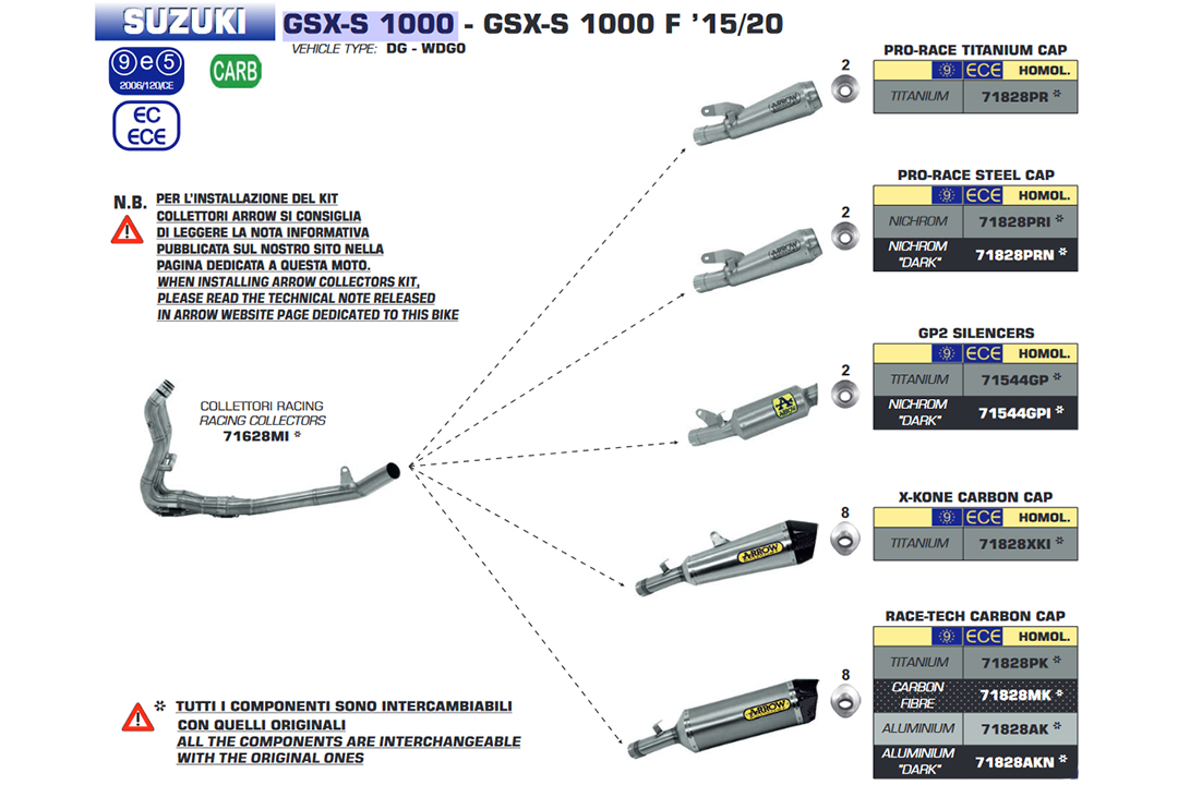 Colector de competición ARROW para Suzuki GSX-S1000 2015- / GSX-S1000F 2015- , sin catalizador