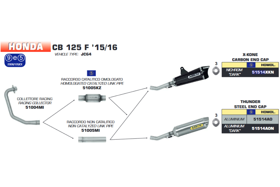 Tubo intermedio ARROW para Honda CB125F 2005-16 / CBF125 2009-14 / CBR125R 2011-16, con catalizador