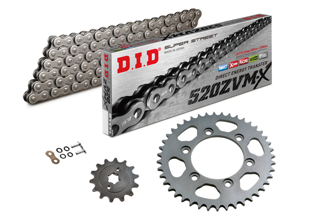 DID Cadenas con cadena 520ZVM-X, color estándar, para Honda CB500F, Tipo PC63, Año modelo 2021- / CB500X, Tipo PC64, Año modelo 2019- / CBR500R, Tipo PC62, Año modelo 2021- / CB500 Hornet, Tipo PC71, Año modelo 2024- / NX500, Tipo PC72, Año modelo 2024-