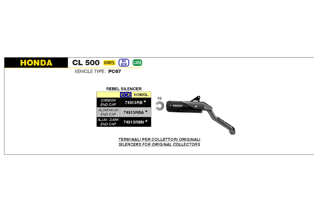 Escape ARROW REBEL Sip-On de acero inoxidable negro con tapa de extremo de aluminio para Honda CL500 año del modelo 2023-
