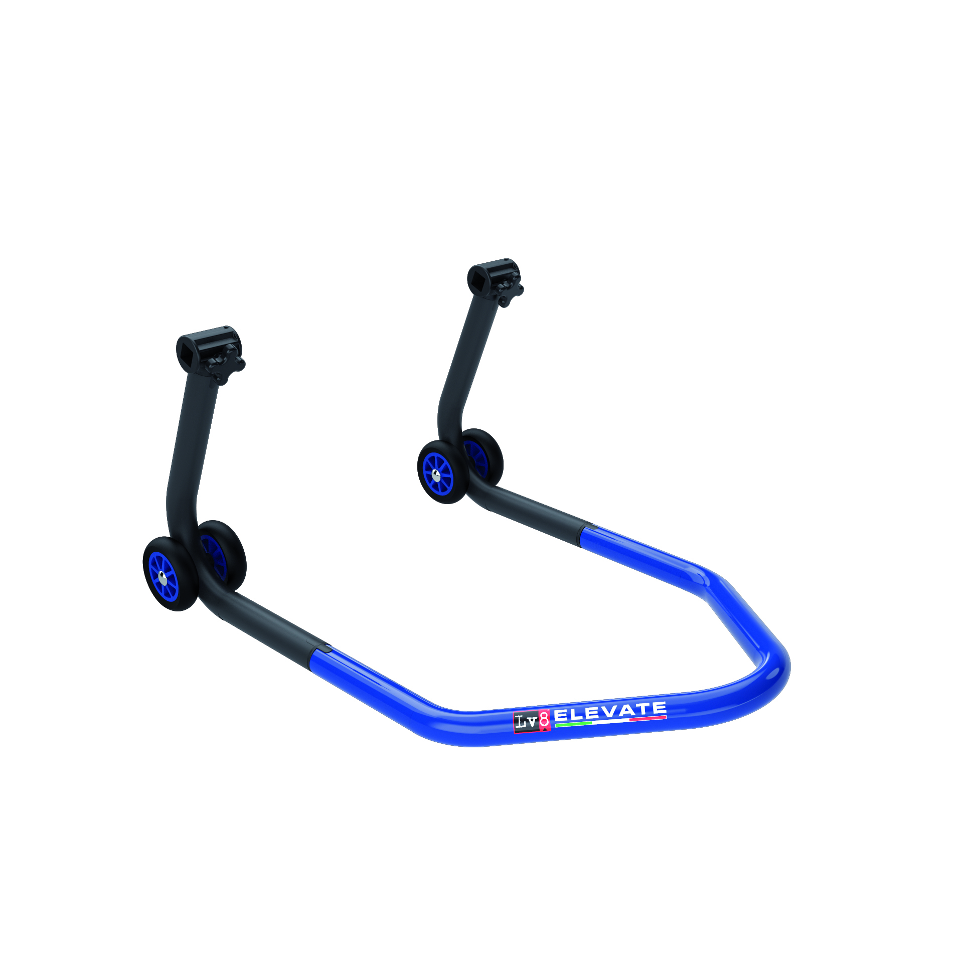Caballete Universal LV8 ELEVATE para rueda delantera con Soportes Cónicos, Negro/Azul